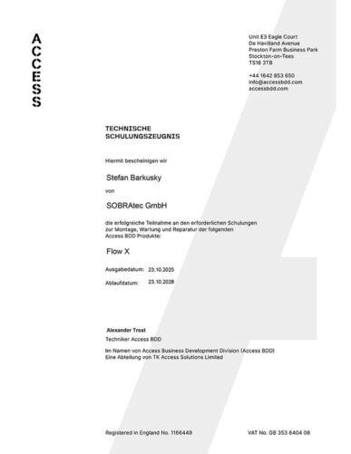 Bild access - Technisches Schulungszeugnis Flow X: SOBRAtec GmbH, Stefan Barkusky